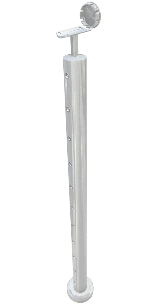 Post assembly, 50mm round, end post, level with stem top, satin finish, with M6 rivnuts