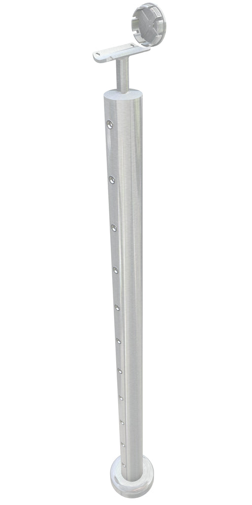Post assembly, 50mm round, end post, level with stem top, satin finish, with M6 rivnuts