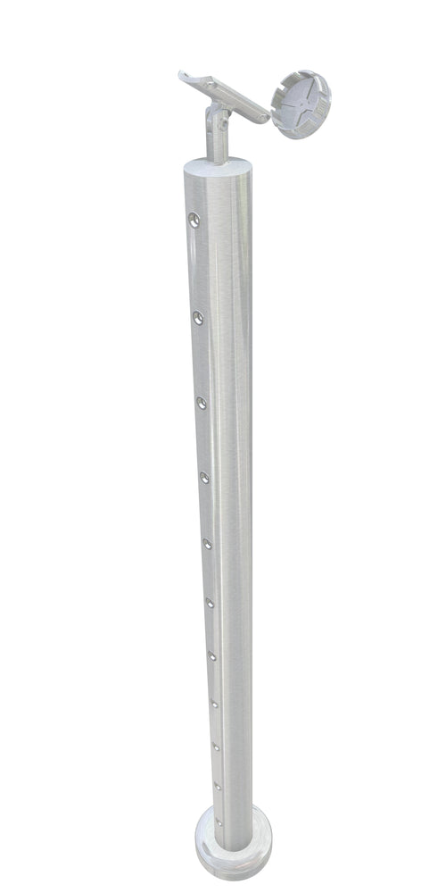Post assembly, 50mm round, end post for stairs, Stem top, satin finish, with M6 rivnuts