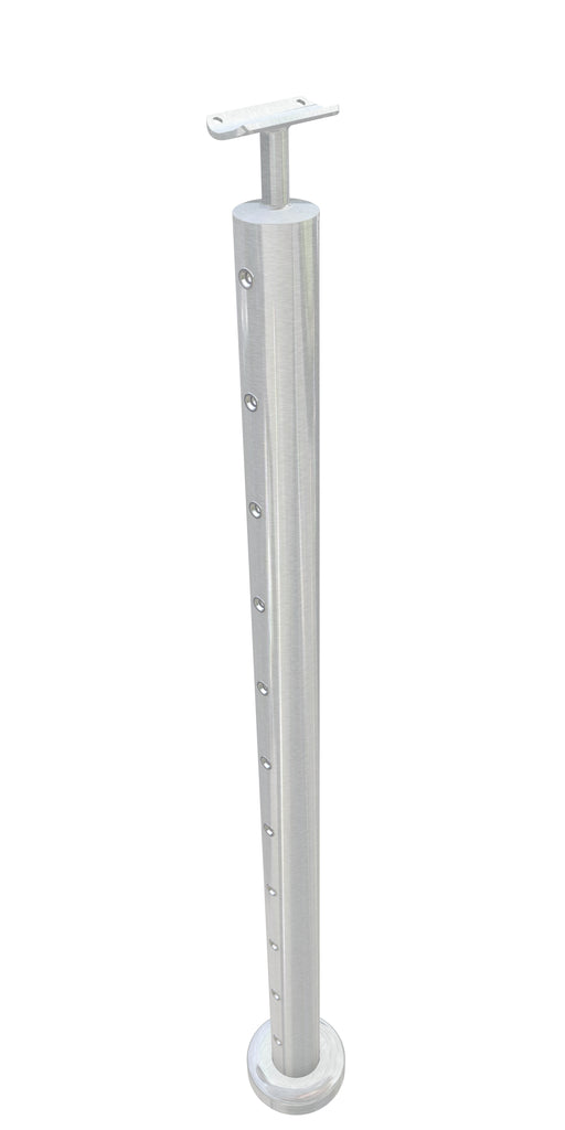 Post assembly, 50mm round, centre post, level stem top, satin finish, with M6 rivnuts