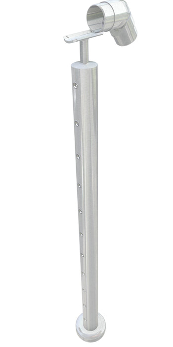 Post assembly, 50mm round, centre post for stairs, stem top, satin finish, with M6 rivnuts