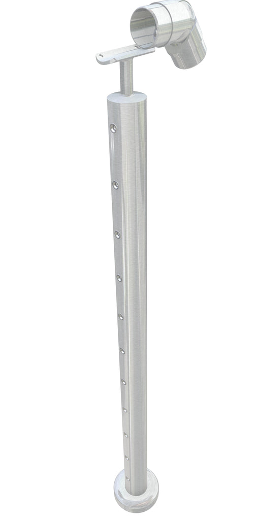 Post assembly, 50mm round, centre post for stairs, stem top, satin finish, with M6 rivnuts